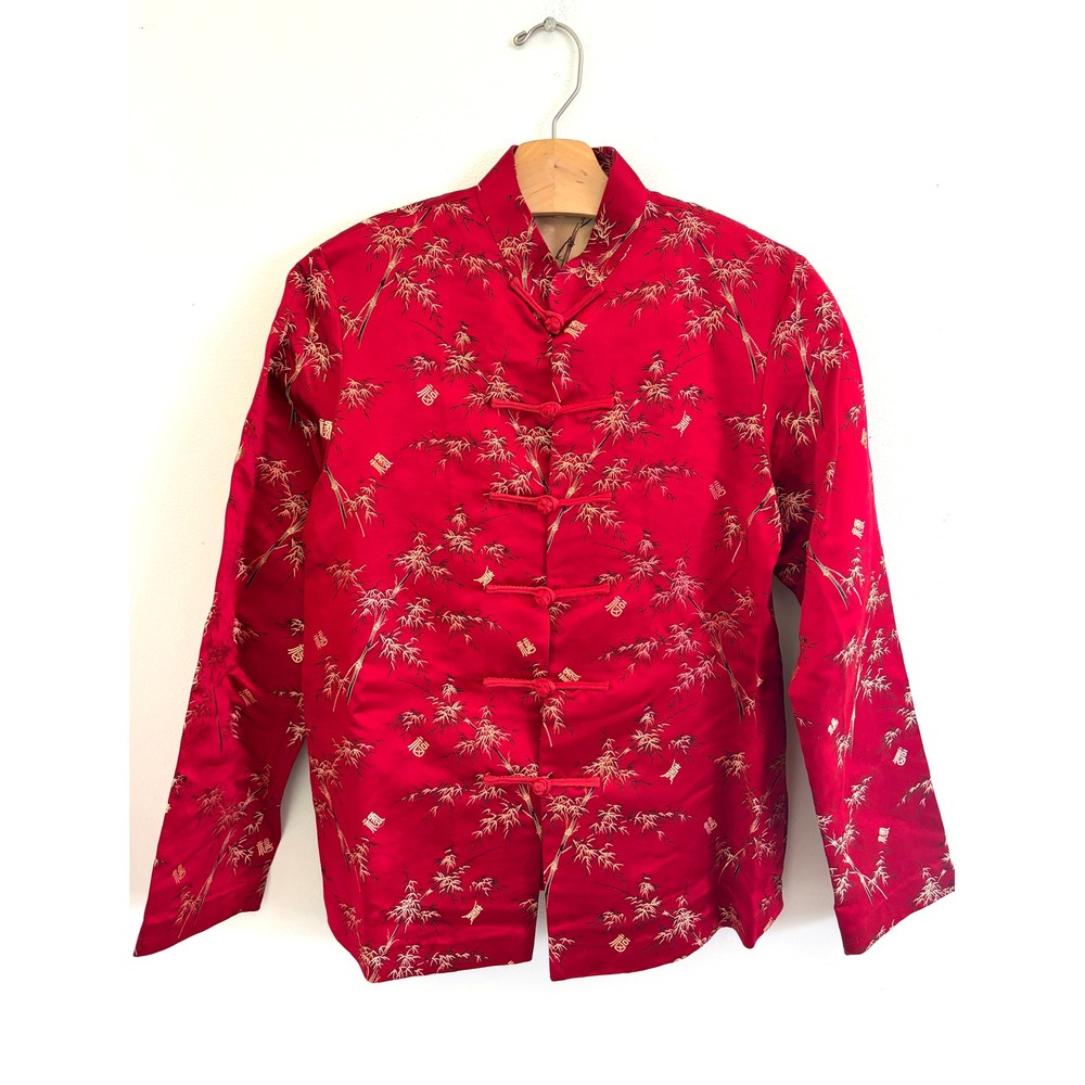Vintage Red‎ Silk Chinese Jacket Bamboo Medium Mandarin Frog Closure Top Medium